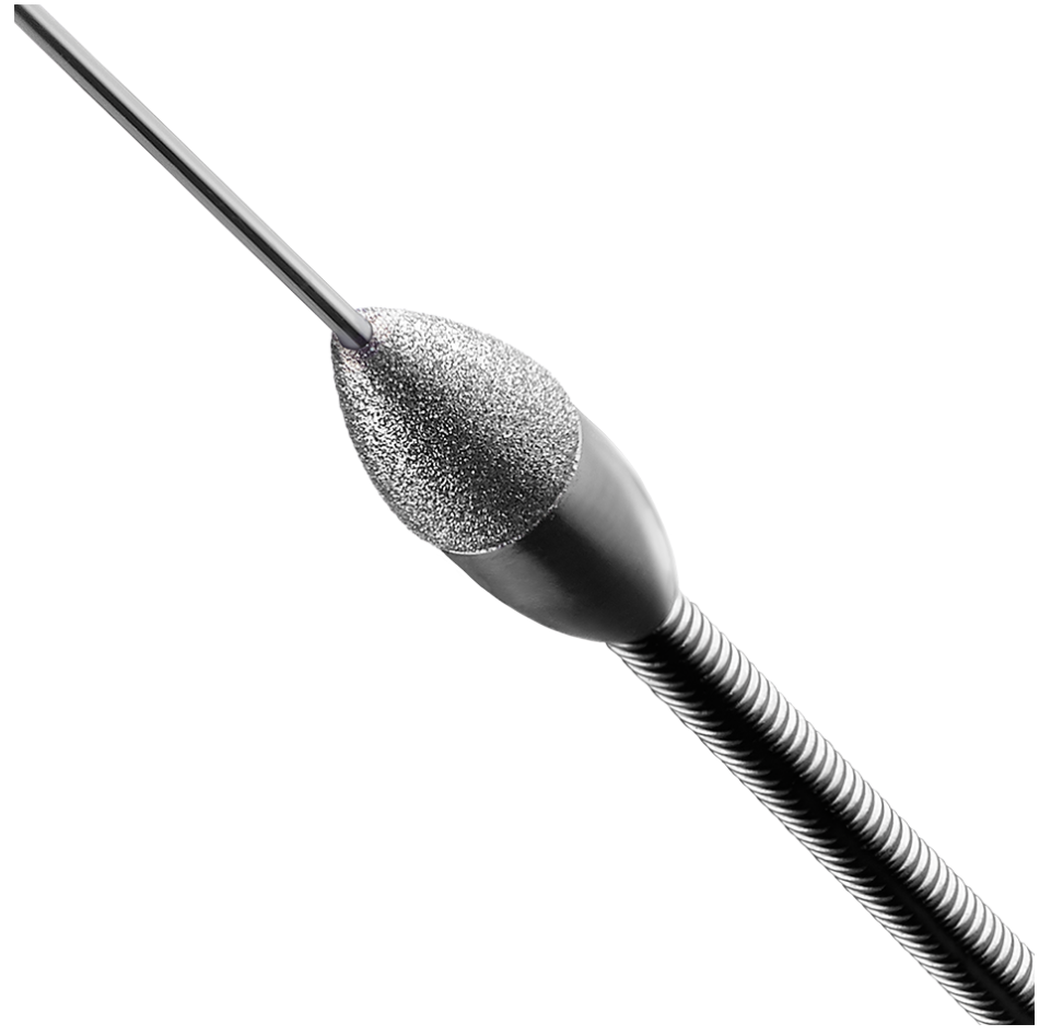 Broca do Rotablator com ponta de diamante usada para aterectomia rotacional em placas coronárias muito calcificadas