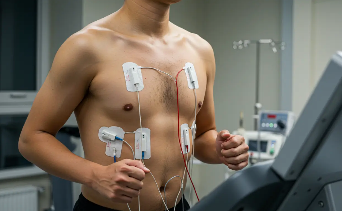Paciente realizando teste ergométrico em esteira com eletrodos de eletrocardiograma monitorando o coração durante o esforço
